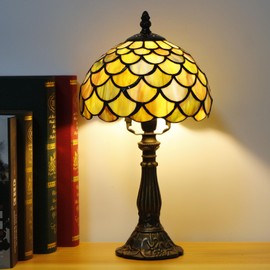 Small Tiffany Lamp Stained Glass Desk Lamp Vintage Tiffany Bedside Table Lamp for Home Living Room Bedroom Nightstand 8X15 Inch (Yellow Fish Scale Style)