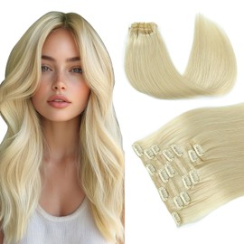 Pinkpearl Clip in Hair Extensions #60 Platinum Blonde Clip in Hair Extensions Real Human Hair 7pcs 120g 22inches Blonde Hair Extensios Clip ins for Women Straight Natural Human Hair Clip ins (#60,22)
