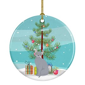 Caroline's Treasures Russian Blue Cat Merry Christmas Ceramic Ornament Christmas Tree Hanging Decorations for Home Christmas Holiday, Party, Gift, 3 in, Multicolor