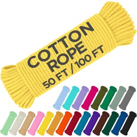 TECEUM Cotton Rope 3/16” (5 mm) – 100 FT – Strong All-Purpose Braided Rope – Natural Cotton – for Crafting, Сamping, Clothes Line, DIY, Indoor & Outdoor Use – Yellow