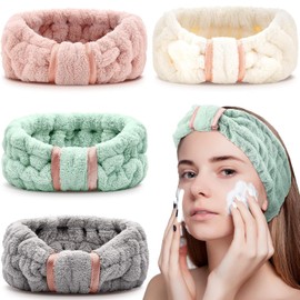 Paquete de 4 diademas de microfibra para spa facial, diademas de maquillaje, diademas elásticas de tela de rizo para mujeres y niñas, lavado facial, ducha, yoga, deportes (rosa, verde, blanco y gris)