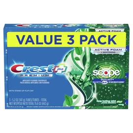 CREST Premium Plus Scope Anticavity Flouride Toothpaste 3 Pack Great Taste Protects Against Cavities Kills Millions of Bad Breath Germs