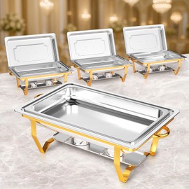 GRILL FORCE Chafing Dish Buffet Set 4 Pack, 9QT Stainless Steel Chafing Dish Buffet Set, [Elegant Gold and Silver] Chafers and Buffet Warmers Sets for Weddings, Parties, Catering Supplies, Banquets