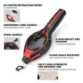 HAUTMEC Pro Chalk Line, Handle with Chalk Line Tool Releaser, 30m/100ft Bold Chalk Reel, Layout Chalk Box, Handle with 6:1 Gear Ratio Speed, HT0384-CL