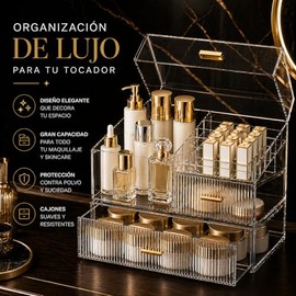 Organizador de Maquillaje Acrílico Premium con Tapa y Cajones, Gran Capacidad, Transparente con Jaladeras Doradas, para Skincare, Cosméticos, Tocador 