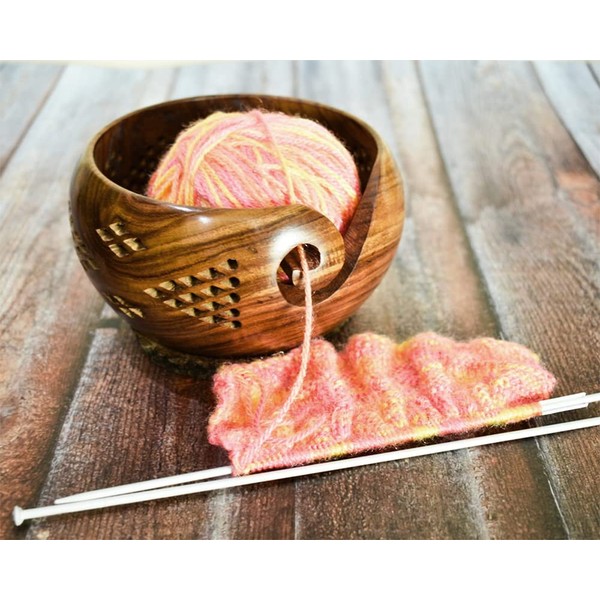 Ajuny Handmade Large Wooden Yarn Bowl Wool Ball Holder with Elegant Design Gifts 6x3 Inch