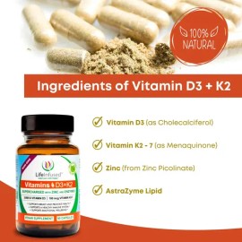 Life Infused Vitamina D3 K2 Con Zinc Y Enzimas 90 Cápsulas