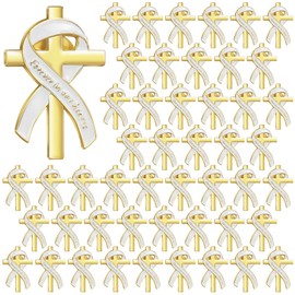 Misdary 50 Pcs Funeral Favors for Guests Funeral Memorial Pin Cross Ribbons Forever in Our Hearts Lapel Brooch Pin for Religious Christian Celebration of Life Mourning Remembrance Day(White)