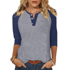 Halife 3/4 Sleeve Shirts for Women Trendy V Neck Summer Color Block Tops Loose Fit Baseball Tee Shirts Navy Blue L