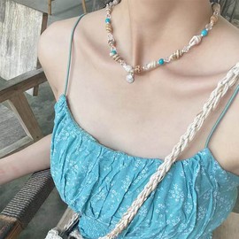 Clataly Conch Necklaces Turquoise Ankles Starfish Pendants Feet Chain Beaded Necklace Ankle Beach Accessories for Women Girls (Necklace)