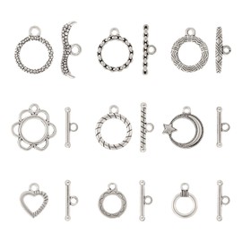 KISSITTY 54pcs Toggle Clasps Alloy Tibetan Style Flower Ring Heart Clasps Antique Silver Metal T-bar Closure Clasps Bulk for Jewelry Making DIY Necklace Bracelet Chain Craft Key Chain Accessory