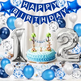 12th Birthday Party Decoration for Boys Girls, Blue Happy Birthday Banner Silver Number 12 Birthday Balloons Star Foil Balloons Blue Confetii Latex Balloons for 12 Years Old Birthday Party Supplies