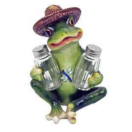 DWK Frog Sombrero Figurine Spice Holder with Refillable Glass Salt and Pepper Shakers 3 Piece Set | Senor Frog Decorations Salt Pepper Shaker Set - 7"