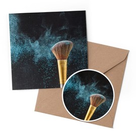 1 x Greeting Card & 10 cm Round Sticker Set - Blue Makeup Brush Art Girls - Birthday Thank You Friend Lover Fan Mum Dad Kids #3115