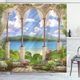 Ambesonne İtaliano Cortina de Baño, Arco de Piedra del Balcón, Paño Conjunto de Decoración de Baño de Tela y Ganchos, 84" Extra Alta, Multicolor