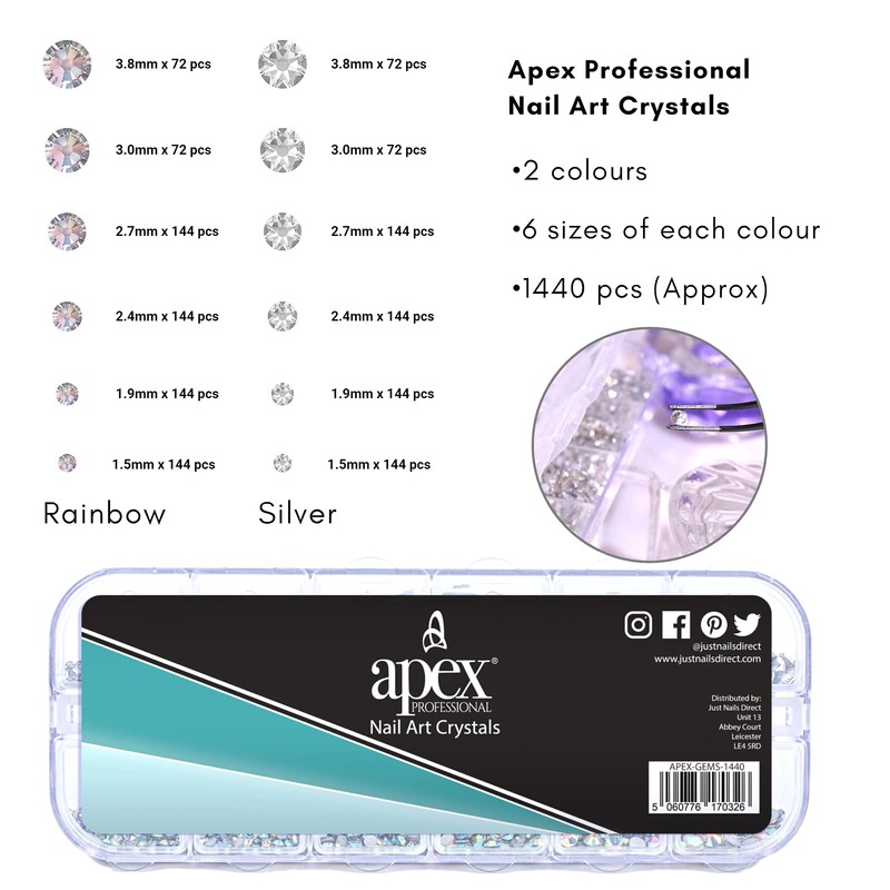 Apex Professional 1440pcs Various Crystal Clear Rhinestone Gems (1.5mm,1.9mm,2.4mm,2.7mm,3.0mm,3.8mm)