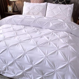 Feelyou Pinch Pleated Duvet Cover Set Twin White Pintuck Tufted Bedding Set Soft Microfiber Polyester Solid Geometric Comforter Cover with 1 Pillow Shams, 2 Pieces