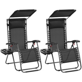 Yaheetech Outdoor Zero Gravity Chair Foldable Recliner Adjustable Patio Lounge w/Canopy Shade, Side Cup Holder Tray, Carry Strap for Garden Beach Lawn Deck Black/2