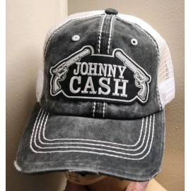 White Johnny Cash Hat Distressed Ball Cap Hat Black & White Mesh Hat