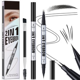 Microblading Eyebrow Pen, Dual-Ended Eyebrow Pencil, 3D Waterproof Liquid Eye Brow Pencil with 2 Micro-Fork-Tip and & Spoolie Brush, Create Natural Hair-Like Defined Brows, Last All-Day (Black)