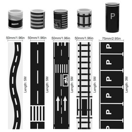 QITIXI:OU Pack of 10 Road Washi Tape, 5 Rolls with Different Types of Road Marking Tapes and 5 Traffic Sign Stickers, Traffic Signs Stickers, DIY Highway Tape for Floor, Wall