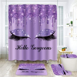 GURETER Purple Pretty Eyelash Shower Curtain Set, 4PCS Hello Gorgeous Luxury Glitter Bathroom Sets with Shower Curtain and Rugs, Toilet Lid Cover, Bath Mat and U Shaped Rug, 12 Hooks, SETLSGU7