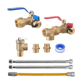 600 WOG Isolation Valves and Pressure Relief Valve Dual-La 3/4 Inch Cold Hot Water Plumbing Repair Kit Water Heater Parts KitKit Contents: Hot/Cold Isolation Valve+Pressure Relief Valve+Hose Assembly, Valve Inlet/Outlet Size: 3/4 inch FNPT x 3/4 inch FNP