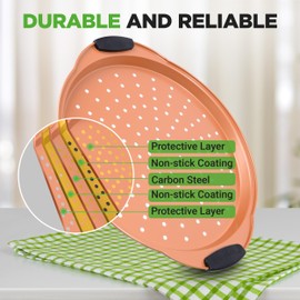 NutriChef 13-Inch Nonstick Pizza Tray - Round Carbon Steel Non-Stick Pizza Baking Pan with Perforated Holes, Premium Bakeware Pizza Screen with Silicone Grip Handles, Dishwasher Safe - Copper