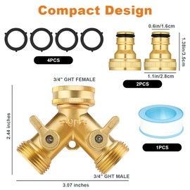 Flintronic 2 Way Brass Hose Splitter, 3/4" Tap Garden Hose Connector, Y Valve Tap Connector with Individual On/of and Two Quick Connector, Faucet Diverter for Garden, Outdoor, Courtyard (Golden)