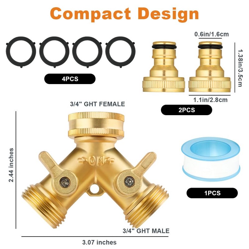 Flintronic 2 Way Brass Hose Splitter, 3/4" Tap Garden Hose