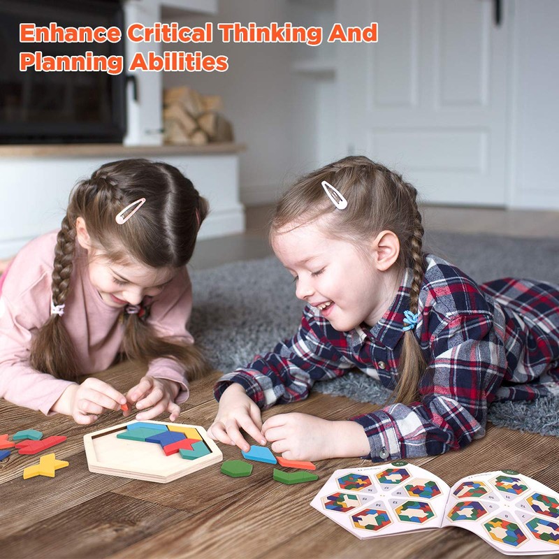 Wooden Hexagon Tangram Puzzle for Kids Adults, Geometric Shape Pattern