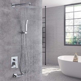 gotonovo Bathroom Luxury 3-Function Shower Faucet Set Wall Mounted Rainfall 10 inch Shower Head System Polished Chrome Rough-in Valve Body and Trim Included with Rotating Tub Spout