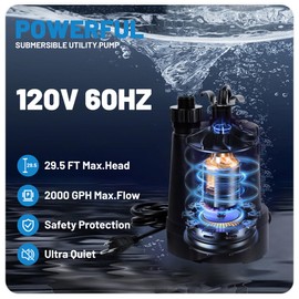 Smartbot Submersible Water Pump 1/4 HP Sump Pump Thermoplastic Utility Pump Small Electric Water Pump 2000 GPH Water Remove for Basement Hot Tubs Garden Pool Cover Window Wells with 10 ft Power Cord