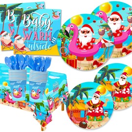 Christmas in July Decorations,151PCS Christmas in July Party Plates and Napkins Set(Serves 25),Includes Plates,Napkins,Cups,Tablecloth,Fork and Spoon for Christmas in July Hawaiian Party Decorations