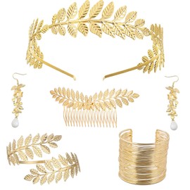 Sprießen 5 Piece Greek Goddess Costume Jewellery Set, Wedding Bridal Jewellery, Upper Bangle, Earrings, Laurel Wreath, Hair Clip, Bracelet Golden Wedding, Boho Leaf Hair Crown Accessories, Metal