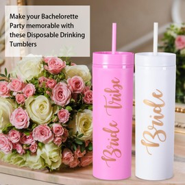 Bride to Be Skinny Tumbler | 16 oz Bride & Bride Tribe Tumblers | Bachelorette Party Cups | Engagement Wedding Gifts Bridesmaids Mugs Bachelorette Party Supplies & Games(Pink)