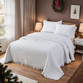 Brandream White Quilt Set Queen Size Bedspreads Cotton Farmhouse Luxury Matelasse Bedding Ruffle Bedspread 3-Piece
