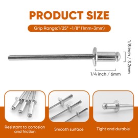 ALLCLEAN 300 Pcs 1/8" x 1/4" Aluminum Blind Rivets,3.2 x 6mm Pop Rivets,Aluminum Grip and Steel Mandrel
