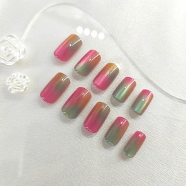Cat Eye Press on Nails Medium Square Fake Nails with Colorful Gradient Designs Cute Nails Press ons Glossy Glue on Nails Pink Acrylic Nails Green False Nails Yellow Stick on Nails for Women 24Pcs