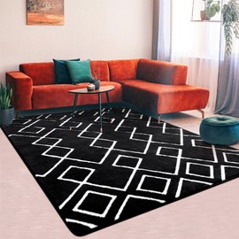 Rtizon Shag Rug for Bedroom, 4x6 Feet Black Area Rugs with Memory Foam for Living Room Dorm, Fluffy Shaggy Machine Washable Moroccan Geometric Carpet for Girls Kids Nursery Play Room Indoor