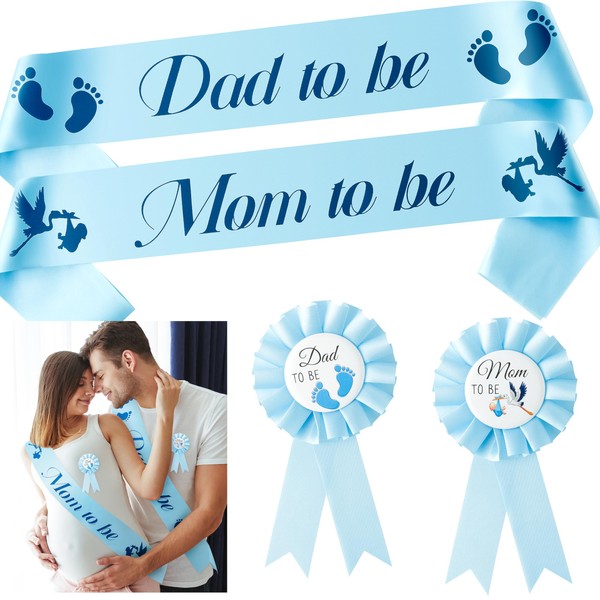 2ooya 4Pcs Stork Maternity Sash Set Blue Stork Mom to Be & Dad to Be Sash Kit with Corsage Pin Stork Theme Pregnancy Sash Keepsake for Boy and Girl Baby Shower Gender Reveal Party Photo Prop Gift