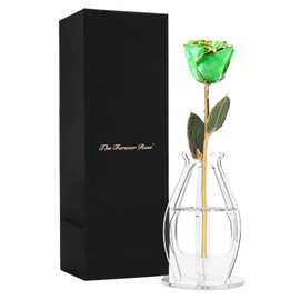 Forever Rose Bloom Box Bundle, 24K Gold Dipped Peridot Sparkle Rose, The August Birthstone, Real 24k Gold Dipped Rose, Hand Dipped, 11" to 12" in a Beautiful Phantom Vase and Blooming Box