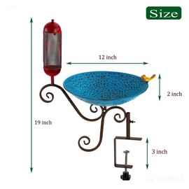 Phaxth Metal Deck Mounted Bird Bath, 12" Beck Railing, Balcony Bird Bath for Outdoor, Garden, Patio, Antique Blue Green