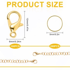 KINBOM 100pcs Lobster Clasp and 200pcs Open Jump Ring, 12x6mm Jewelry Bracelet Connectors Necklace Clasp Bracelet Clasp Jump Rings for Jewelry Making and Repairing (Gold)