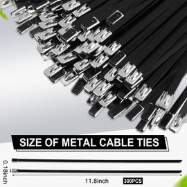 Pelopy 300 Pcs 11.8 Inch Black Metal Zip Ties Stainless Steel 304 Epoxy Coated Zip Tie Heavy Duty Cable Tie Multi Purpose Self Locking Cable Ties for Exhaust Machinery Vehicles Outdoor Farms