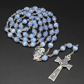 Jirehjill Rosary Beads Catholic for Woman - Italy 8-9mm AAA+ Natural Blue Cat Eyes Gemstone Rosary Beads.