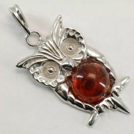 Amber America Natural Cognac / Brown BALTIC AMBER Owl Pendant 925 STERLING SILVER Poland #3509