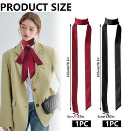 Pack of 2 Women's Fabric Belts, 5 cm x 200 cm, Satin Belt, Plain Silk Scarf, Tie Belt, Women's Stylish Versatile Satin Sash, Bridal Belt for Evening Dress, Hair Scarf, Hat Band Waist (Red Black)