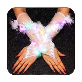 GORTIN Light up Tulle Fingerless Gloves White Lace Flower Long Wedding Gloves for Women (White-Colorful lights, Free size)