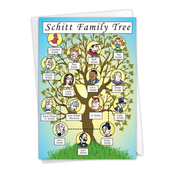 NobleWorks Schitt Family Tree - Hilarious Birthday Greeting Card with Envelope (4.63 x 6.75 inch) - Adult Humor, Appreciation Card for Family Birthdays - Funny Bday Gratitude Notecard Stationery 4250